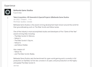 Screengrab of LinkedIn post for The Elder Scrolls VI job posting.