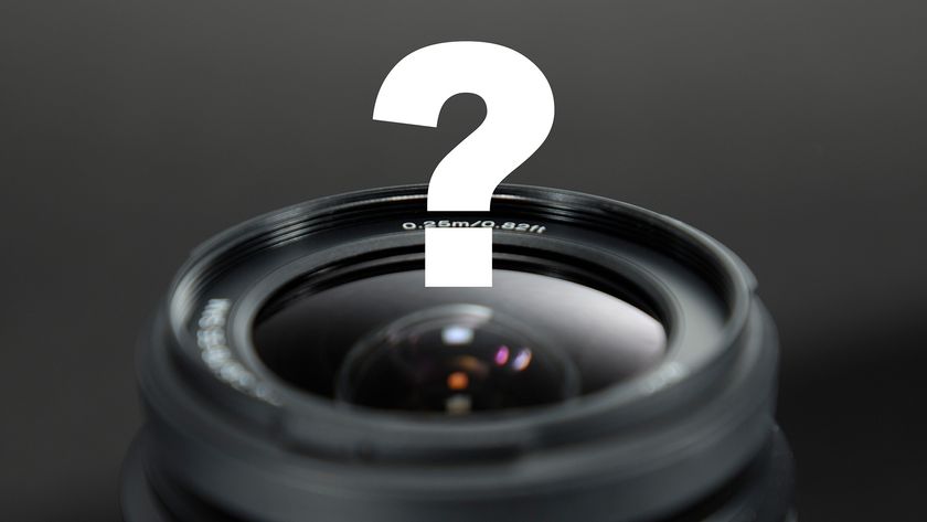 Camera lens studio image with question mark