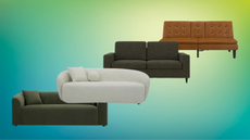 two green sofas, one white sofa, one faux leather sofa on a colorful background