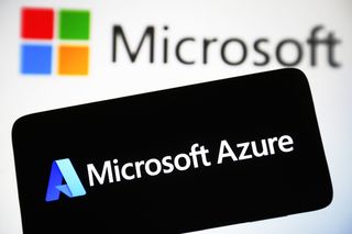 Microsoft Azure branding on a smartphone with Microsoft logo in background