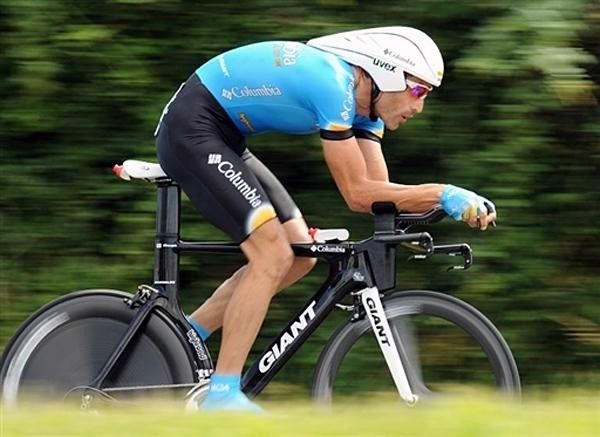 American George Hincapie (Team Columbia) time trials in stage four.