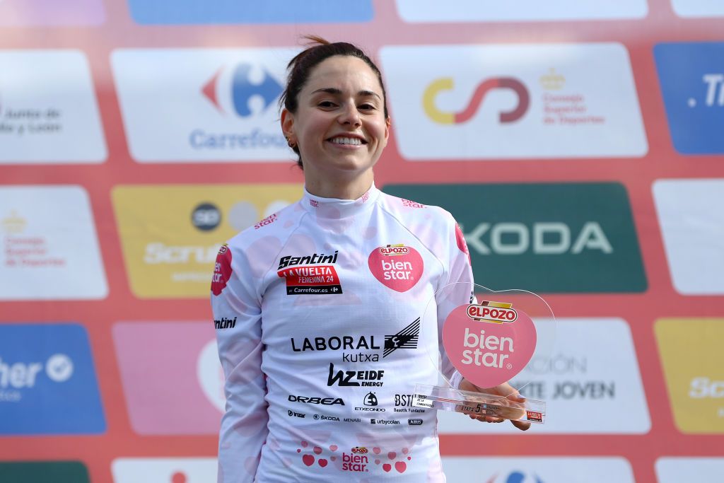 JACA SPAIN MAY 02 Lourdes Oyarbide of Spain and Team Laboral Kutxa Fundacion Euskadi celebrates at podium as Most Combative Rider Jersey winner during the 10th La Vuelta Femenina 2024 Stage 5 a 1139km stage from Huesca to Alto del Fuerte Rapitan Jaca 1103m UCIWWT on May 02 2024 in Jaca Spain Photo by Alex BroadwayGetty Images