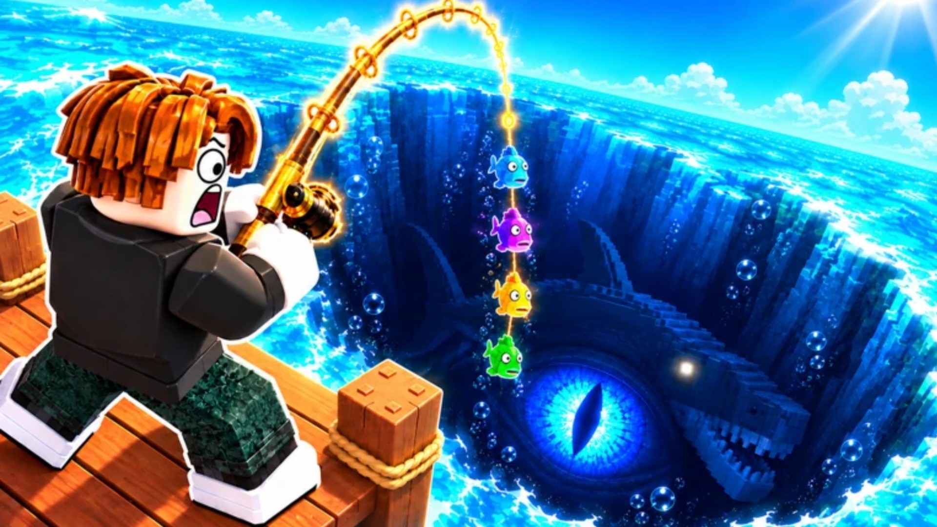 A Roblox character pulls four fish from the depths as a large mythical fish looks on in Deep Fishing.