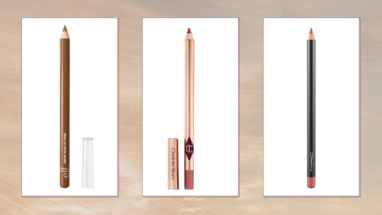 A selection of the best lip liners from e.l.f., Charlotte Tilbury and MAC in an beige to grey sunset-style gradient, three-picture template