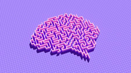 A pink three-dimensional maze in the shape of a brain on a bright purple background