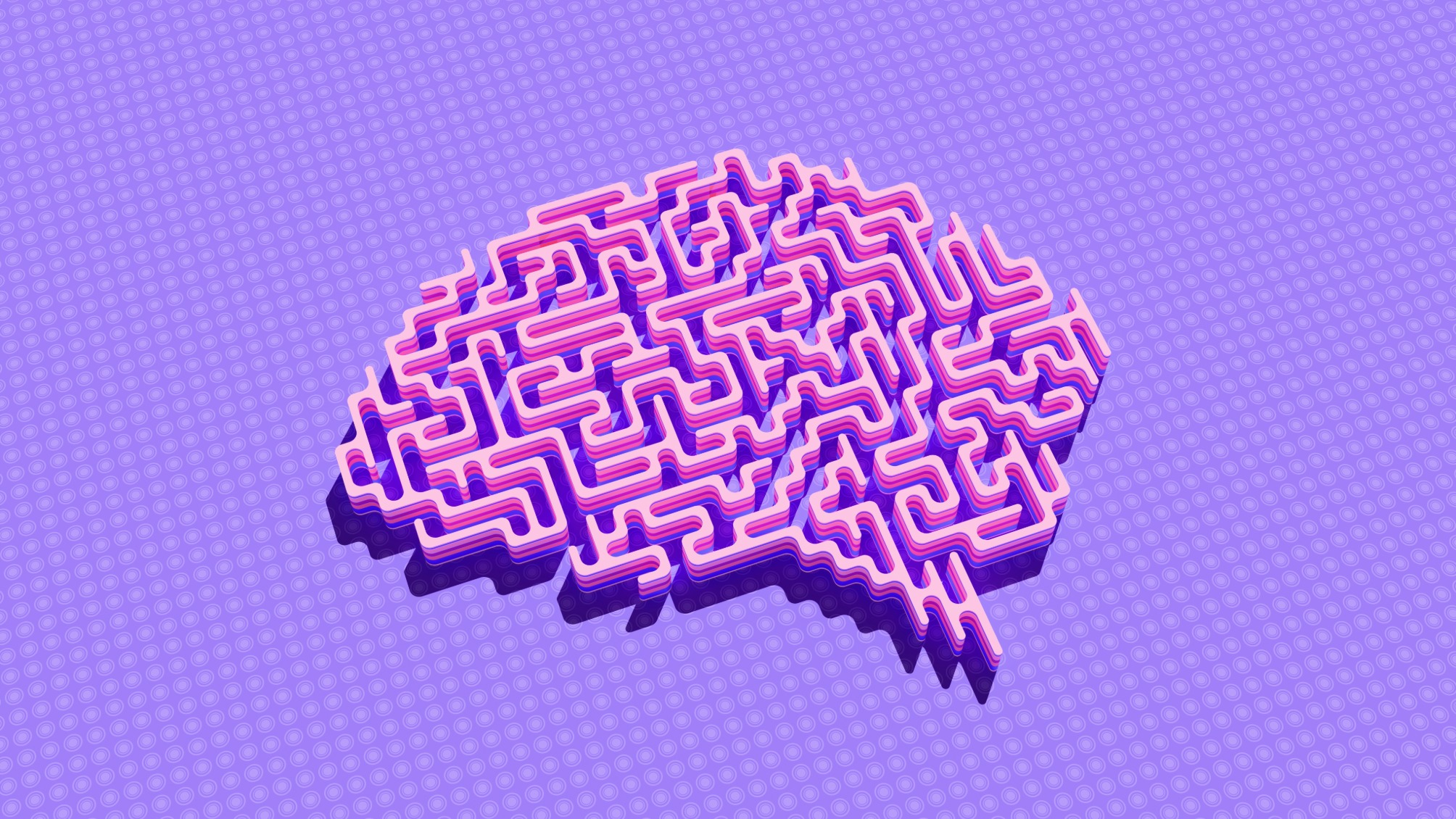 A pink three-dimensional maze in the shape of a brain on a bright purple background