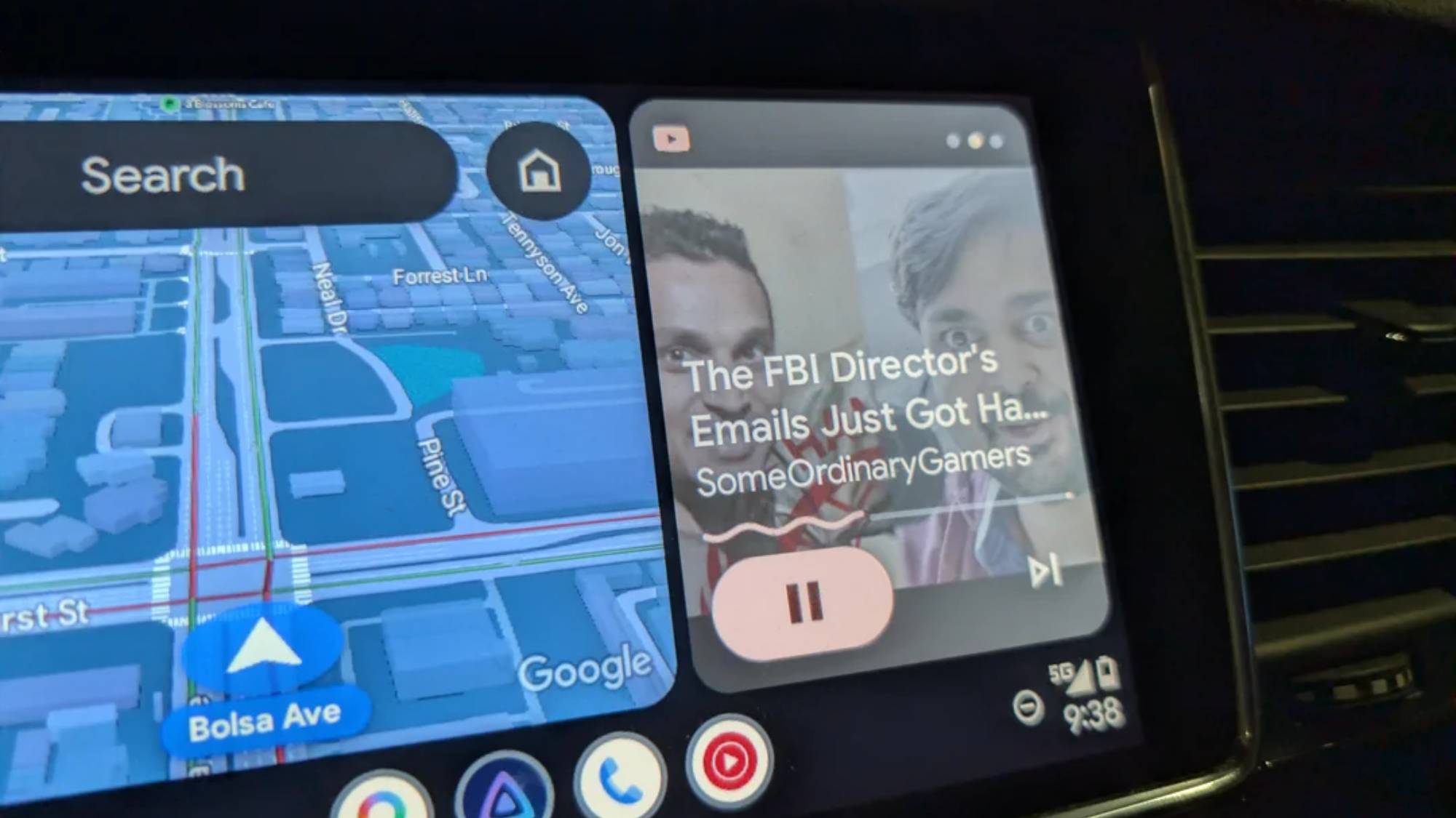 A close up of the YouTube media player on Android Auto