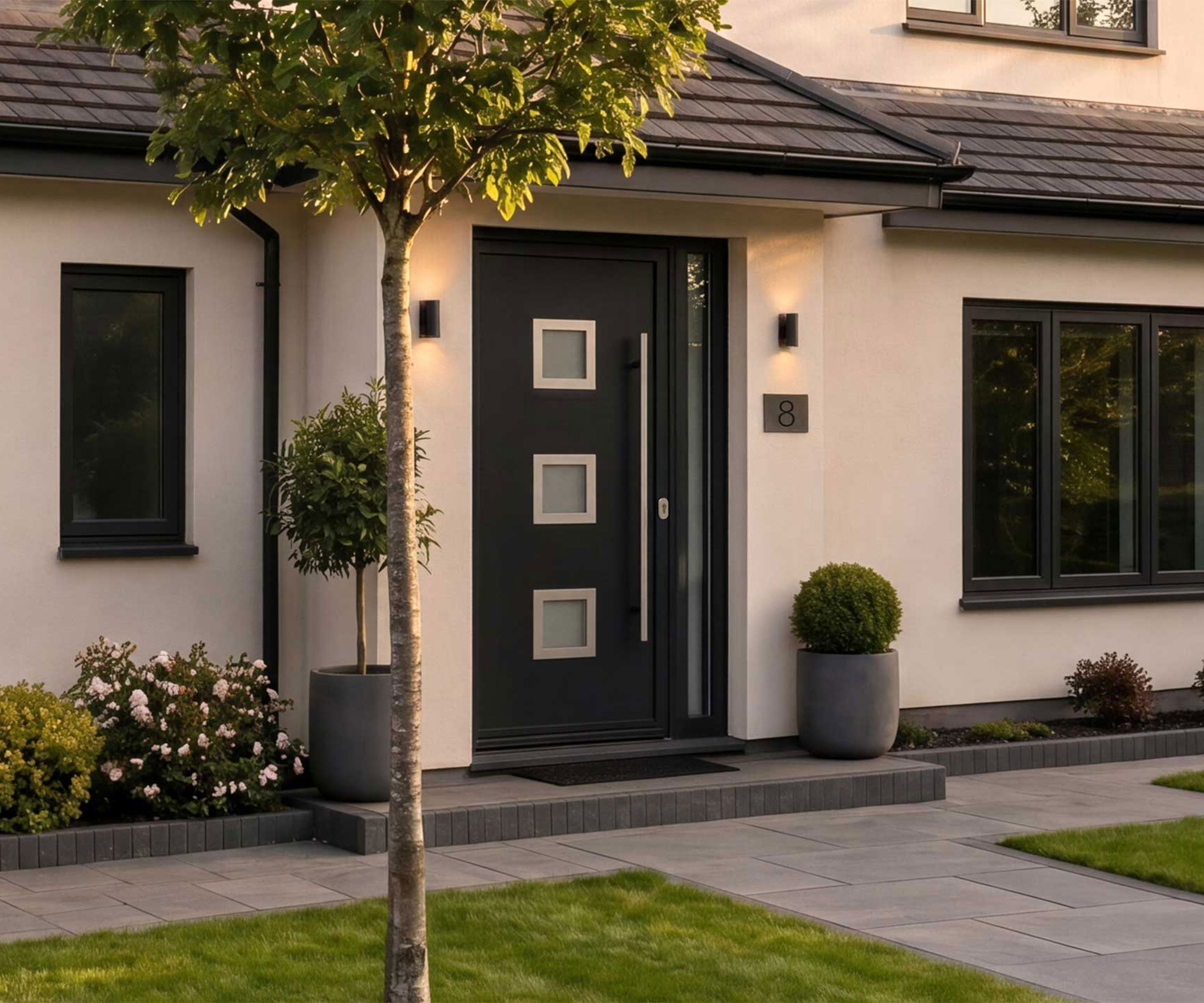 modern house with a dark grey front door and matching aluminium framed windows