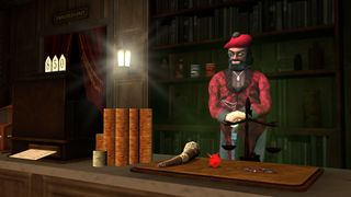 Red-Clad Gloomwood merchant standing before table full of treasure
