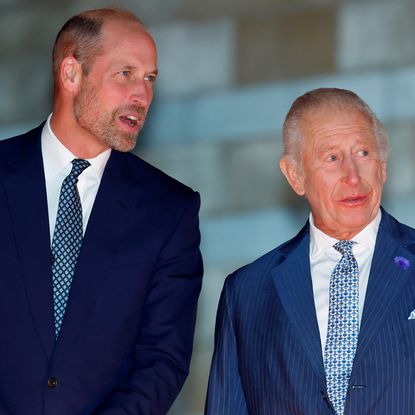 Prince William and King Charles talking in blue suits