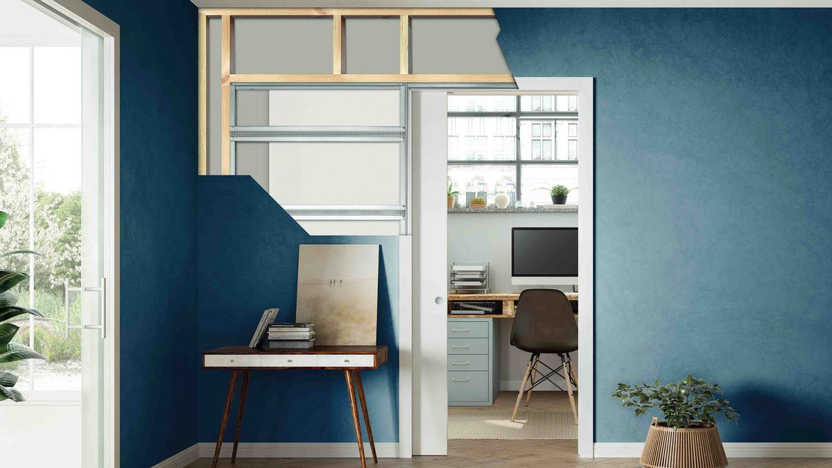 A 3D render showing how the cassette for a pocket door is built into the adjacent wall. The room is painted blue and features a pocket door opening up to a small office space