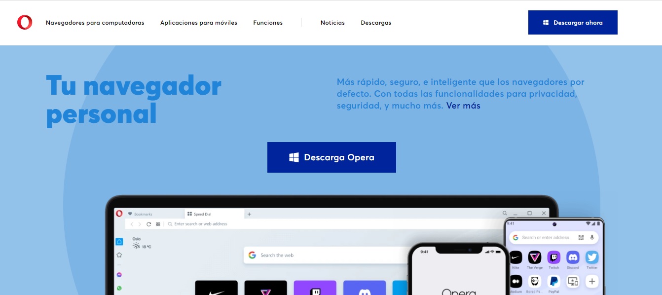 Captura de pantalla de la web de Opera