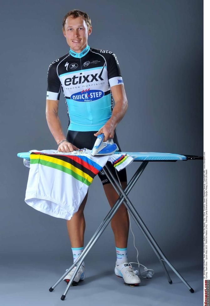 Matteo Trentin takes an iron to teammate Michal Kwiatkowski's rainbow jersey.