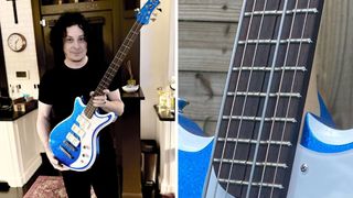 Jack White with a custom built blue and white electric guitar