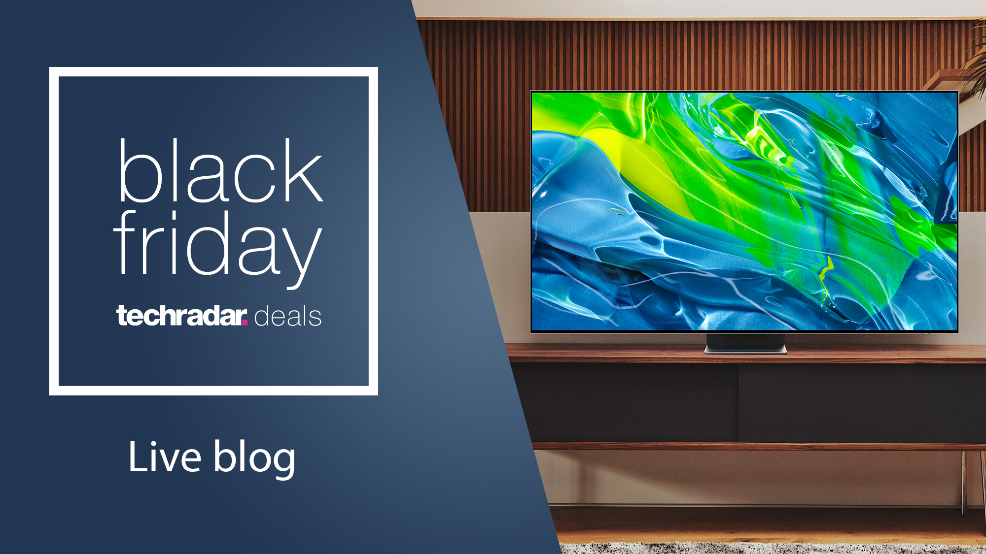 Samsung TV in a living room, next to a sign saying Black Friday deals