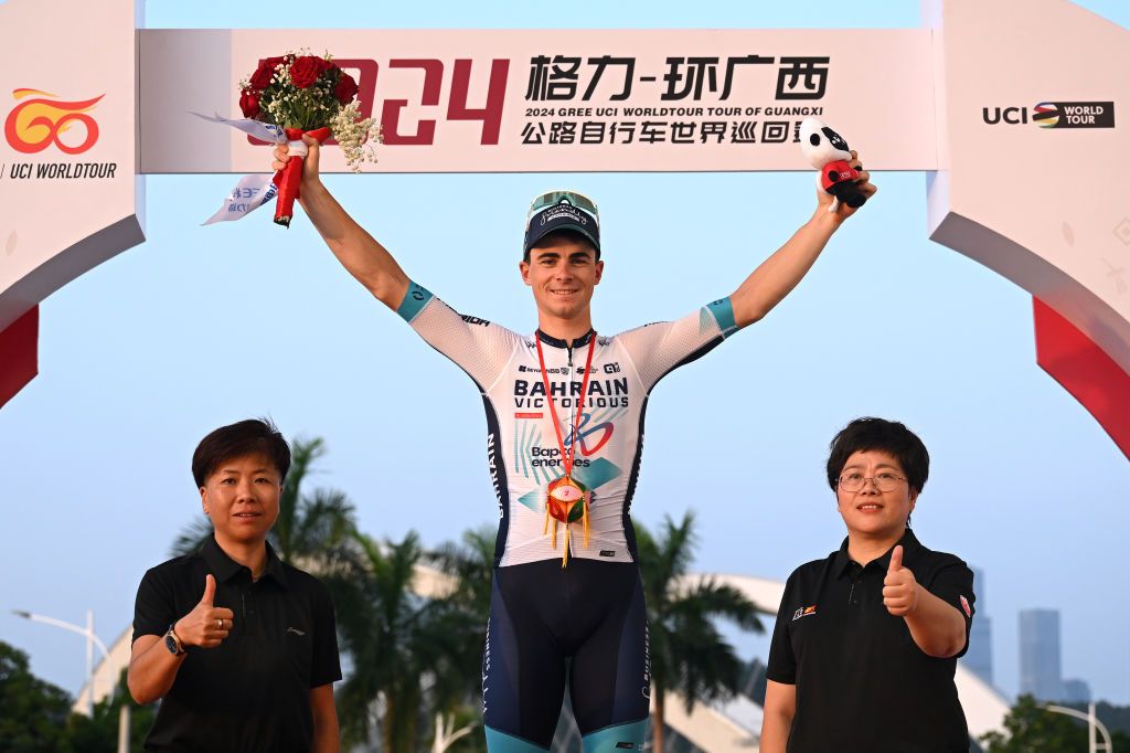 NANNING CHINA OCTOBER 20 Matevz Govekar of Slovenia and Team Bahrain Victorious celebrates at podium as stage winner during the 5th GreeTour of Guangxi 2024 Stage 6 a 134km stage from Nanning to Nanning UCIWT on October 20 2024 in Nanning China Photo by Dario BelingheriGetty Images