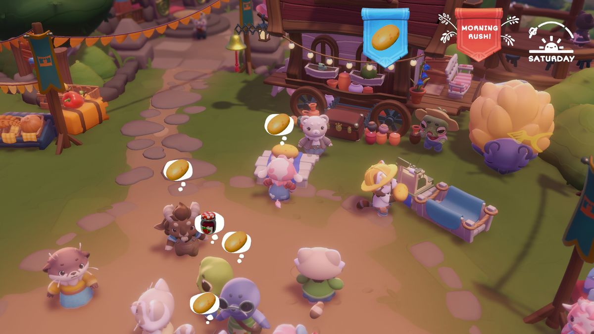 Cozy Caravan - Customers all walk around thinking of potatoes outside the caravan stall