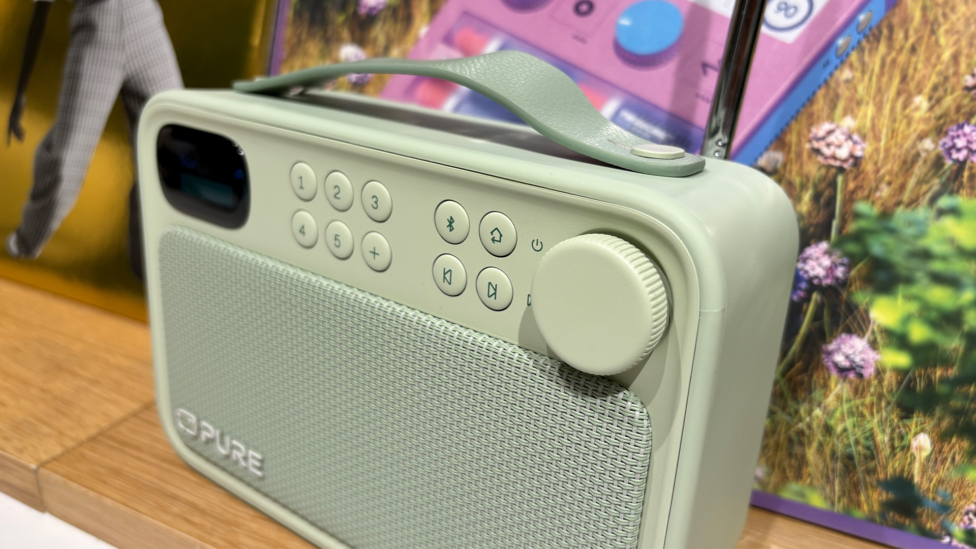 Pure Bloom DAB radio on busy bookshelf