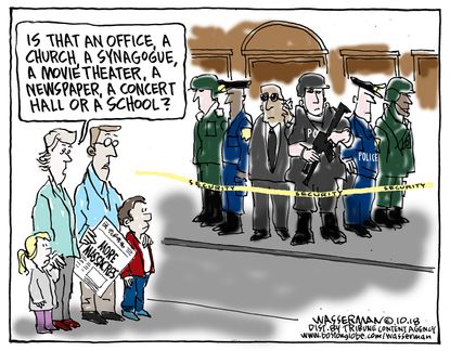 Editorial cartoon U.S. mass shootings office church synagogue movie theater newspaper concert hall school