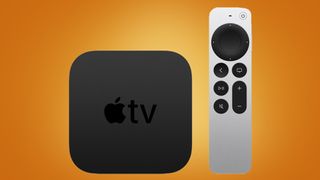 The Apple TV 4K on an orange background