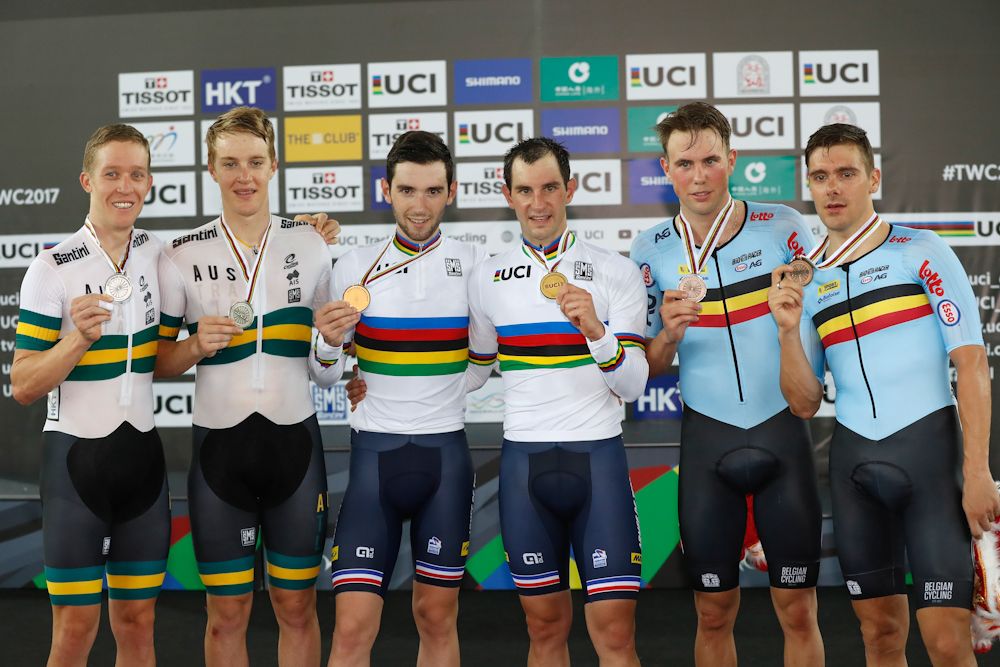 Cameron Meyer and Callum Scotson of Australia , Benjamin Thomas and Morgan Kneisky of France, and Kenny de Ketele and Morenoposes de Pauw of Belgium poses with their medals after winning Men's Madison Final on Day 5 in 2017 UCI Track Cycling World Championships