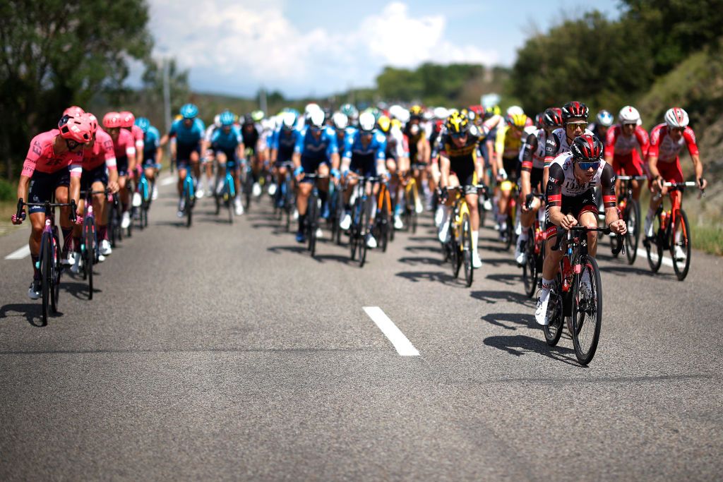 NMES FRANCE JULY 08 Marc Hirschi of Switzerland and UAETeam Emirates leads The Peloton during the 108th Tour de France 2021 Stage 12 a 1594km stage from SaintPaulTroisChateaux to Nimes LeTour TDF2021 on July 08 2021 in Nmes France Photo by Chris GraythenGetty Images