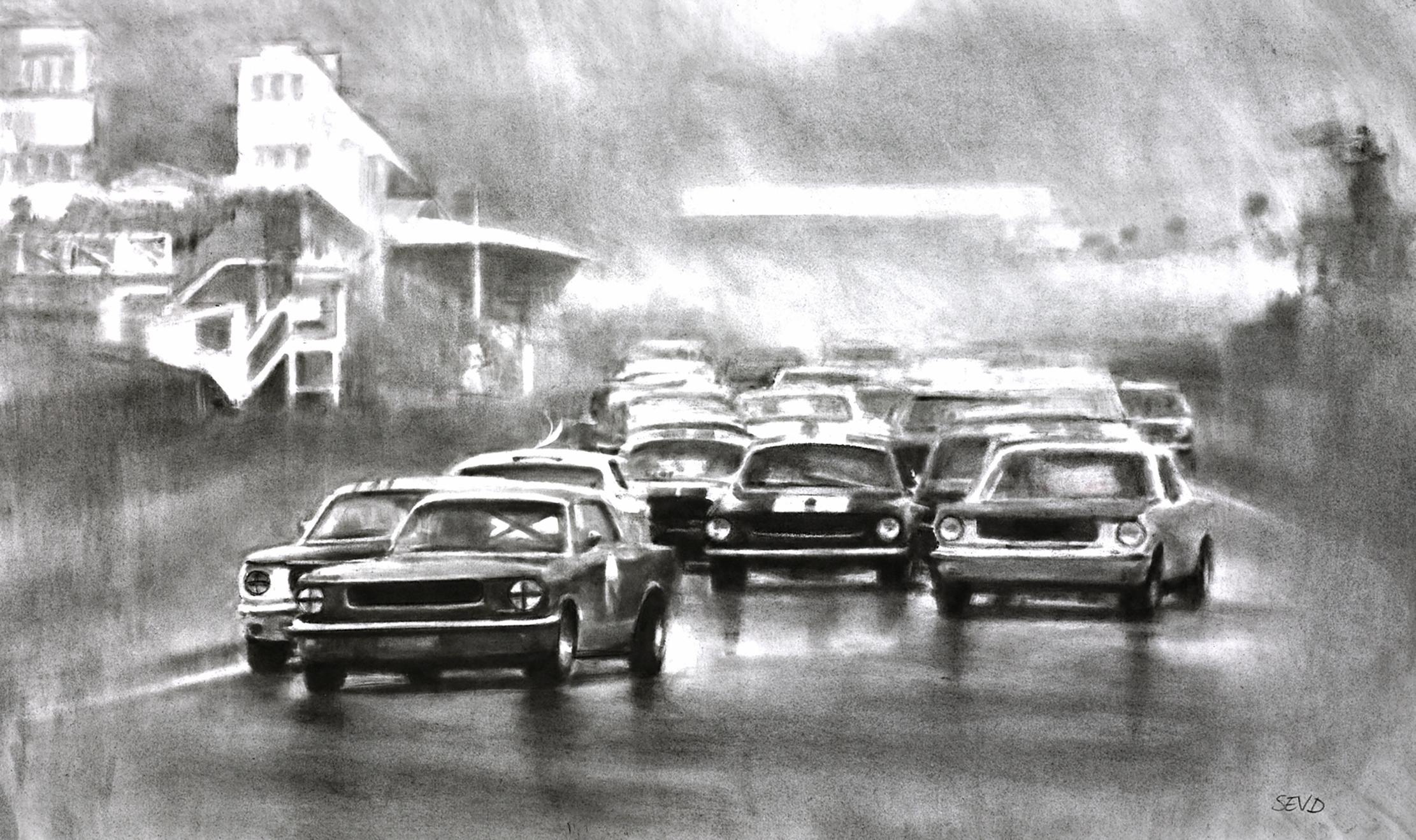 A group of Mustang cars sketched in charcoal heading off down the straight at Goodwood motor circuit