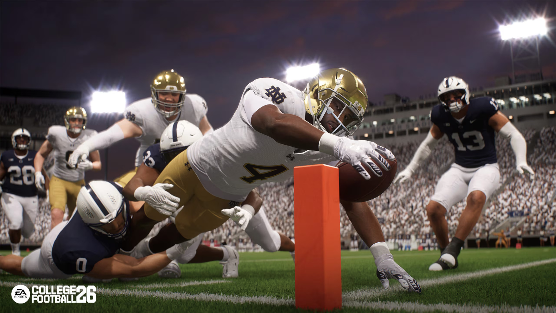 College Football 26: a group of players tackling each other. 