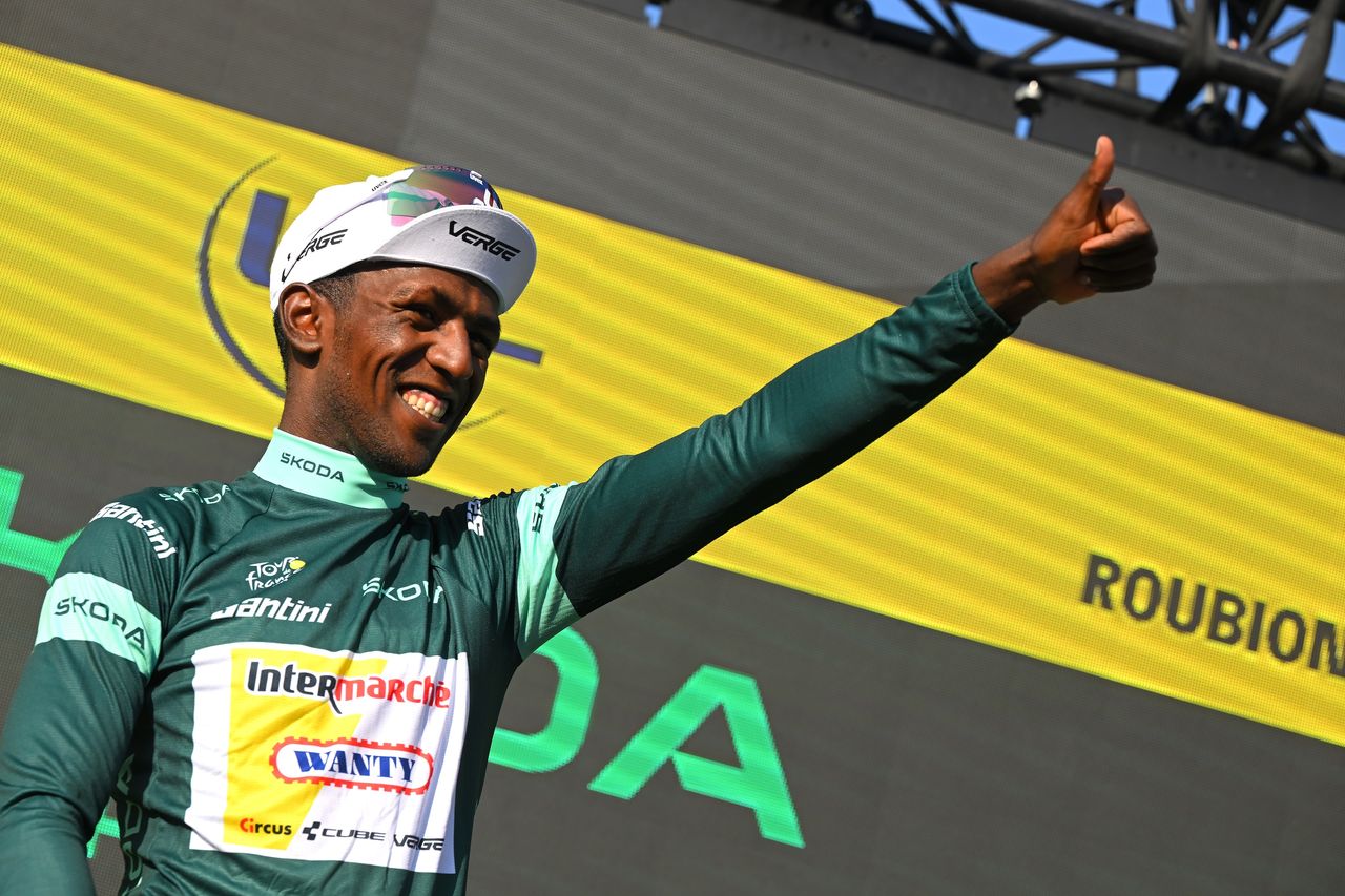 Biniam Girmay on the podium at the Tour de France