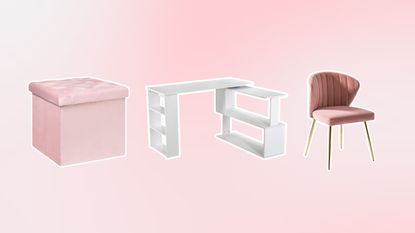 Three dorm room furniture buys on a pink background
