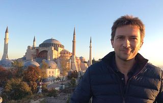 Programme Name: Ancient Invisible Cities - TX: n/a - Episode: Istanbul (No. Istanbul) - Picture Shows: in front of the Hagia Sophia, Istanbul. Michael Scott - (C) BBC Studios - Photographer: Renny Bartlett