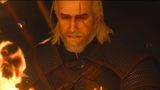 Geralt frowning, looking at a fire