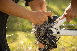 Male cyclist cleaning the cassette on his electric bike with a brush