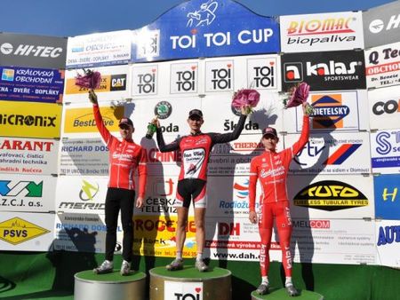 Podium (l-r): David K&aacute;&scaron;ek (Cyklo Team Budvar T&aacute;bor), Christoph Pfingsten (Van Vliet EBH Elshof) and Ondrej Bambula (Cyklo Team Budvar T&aacute;bor).