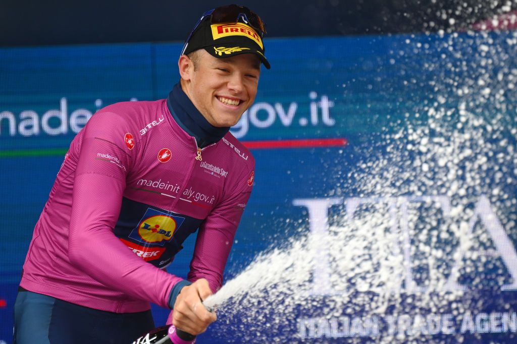 SAPPADA ITALY MAY 24 Jonathan Milan of Italy and Team Lidl Trek Purple Points Jersey celebrates at podium during the 107th Giro dItalia 2024 Stage 19 a 157km stage from Mortegliano to Sappada 1236m UCIWT on May 24 2024 in Sappada Italy Photo by Tim de WaeleGetty Images