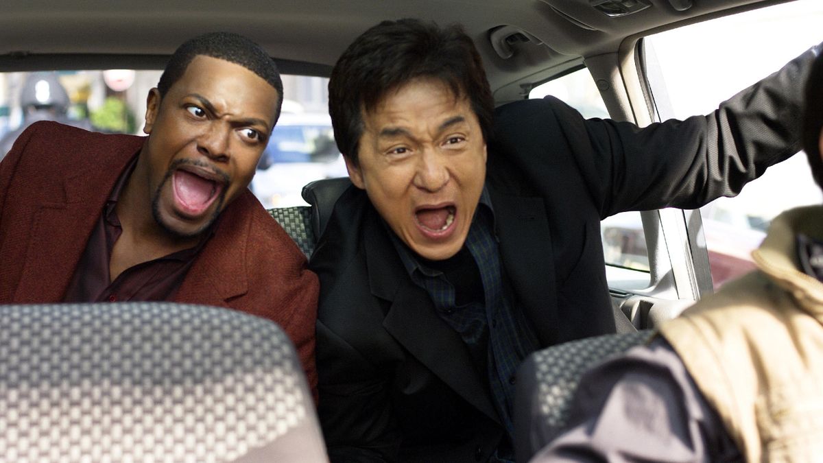 Chris Tucker and Jackie Chan (L-R) screaming in the back seat of a car in &quot;Rush Hour&quot; 3