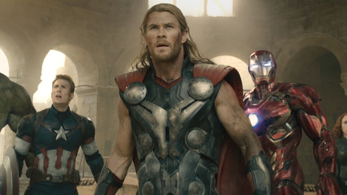 Chris Hemsworth, Chris Evans and Robert Downey Jr. in Avengers: Age of Ultron