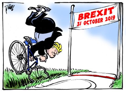 Political Cartoon World Boris Johnson Fall At Brexit Finish Line