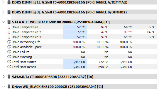 WD_BLACK SN8100 PCIe 5.0 SSD temperature readings in HWiNFO.