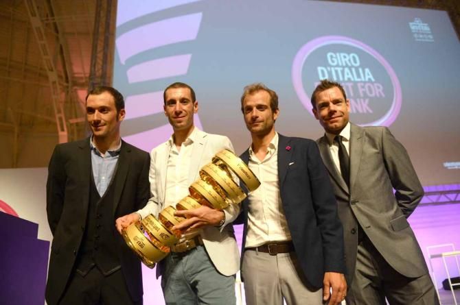 Ivan Basso, Vincenzo Nibali, Michele Scarponi and Cadel Evans at the 2014 Giro d'Italia route presentation.
