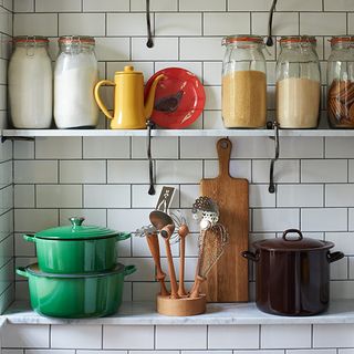 shelves with utensils and hooks