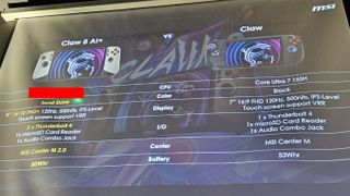 Official comparison slide of MSI Claw and MSI Claw 8 AI+ shown to Lowyat.net, with the new CPU model name omitted.