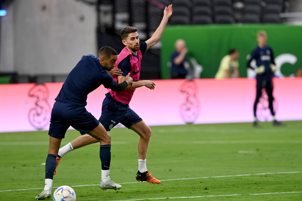 Chelsea's Hakim Ziyech and Jorginho during a training session at Allegiant Stadium on July 15, 2022 in Las Vegas, Nevada.