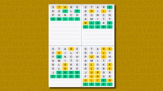 Quordle daily sequence answers for game 666 on a yellow background