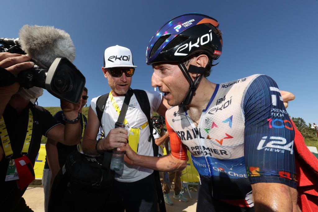 PUY DE DME FRANCE JULY 09 Stage winner Michael Woods of Canada and Team IsraelPremier Tech reacts after the stage nine of the 110th Tour de France 2023 a 1824km stage from SaintLonarddeNoblat to Puy de Dme 1412m UCIWT on July 09 2023 in Puy de Dme France Photo by Michael SteeleGetty Images