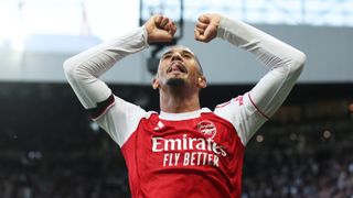 William Saliba celebrating Arsenal's winning goal vs Newcastle in gameweek 6 of the Premier League. 