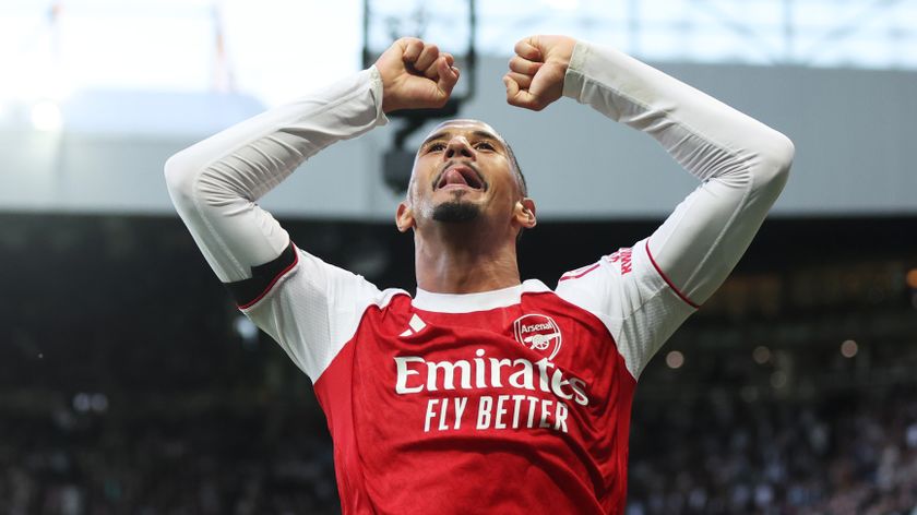 William Saliba celebrating Arsenal&#039;s winning goal vs Newcastle in gameweek 6 of the Premier League. 