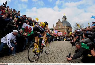 Boonen attempts to chase Fabian Cancellara during the famous Muur attack in the 2010 Tour of Flanders