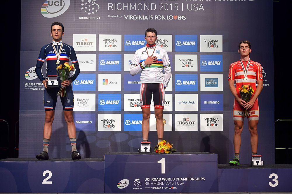 Felix Gall (Austria) wears the rainbow jersey after winning the junior men's road race