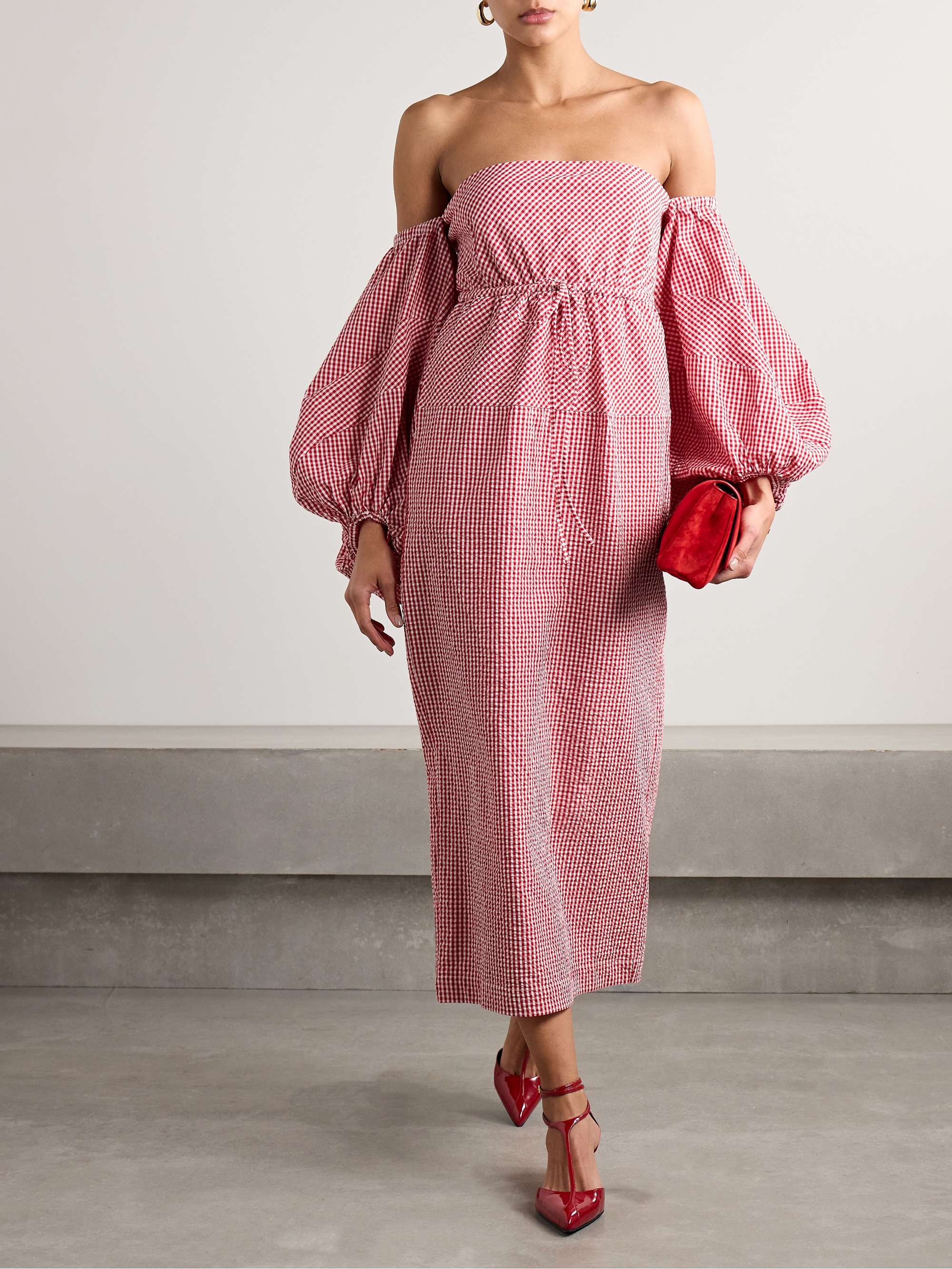 Off-The-Shoulder Gingham Cotton-Seersucker Midi Dress